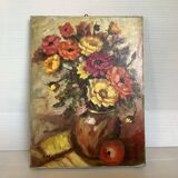 Tableau bouquet de fleurs huile sur toile signé Matten