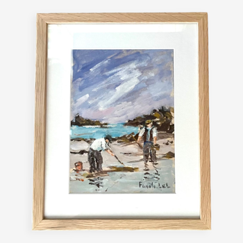 Fishing on foot in Saint Lunaire, gouache on crying signed Fanch Lel
