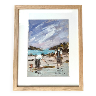 Fishing on foot in Saint Lunaire, gouache on crying signed Fanch Lel