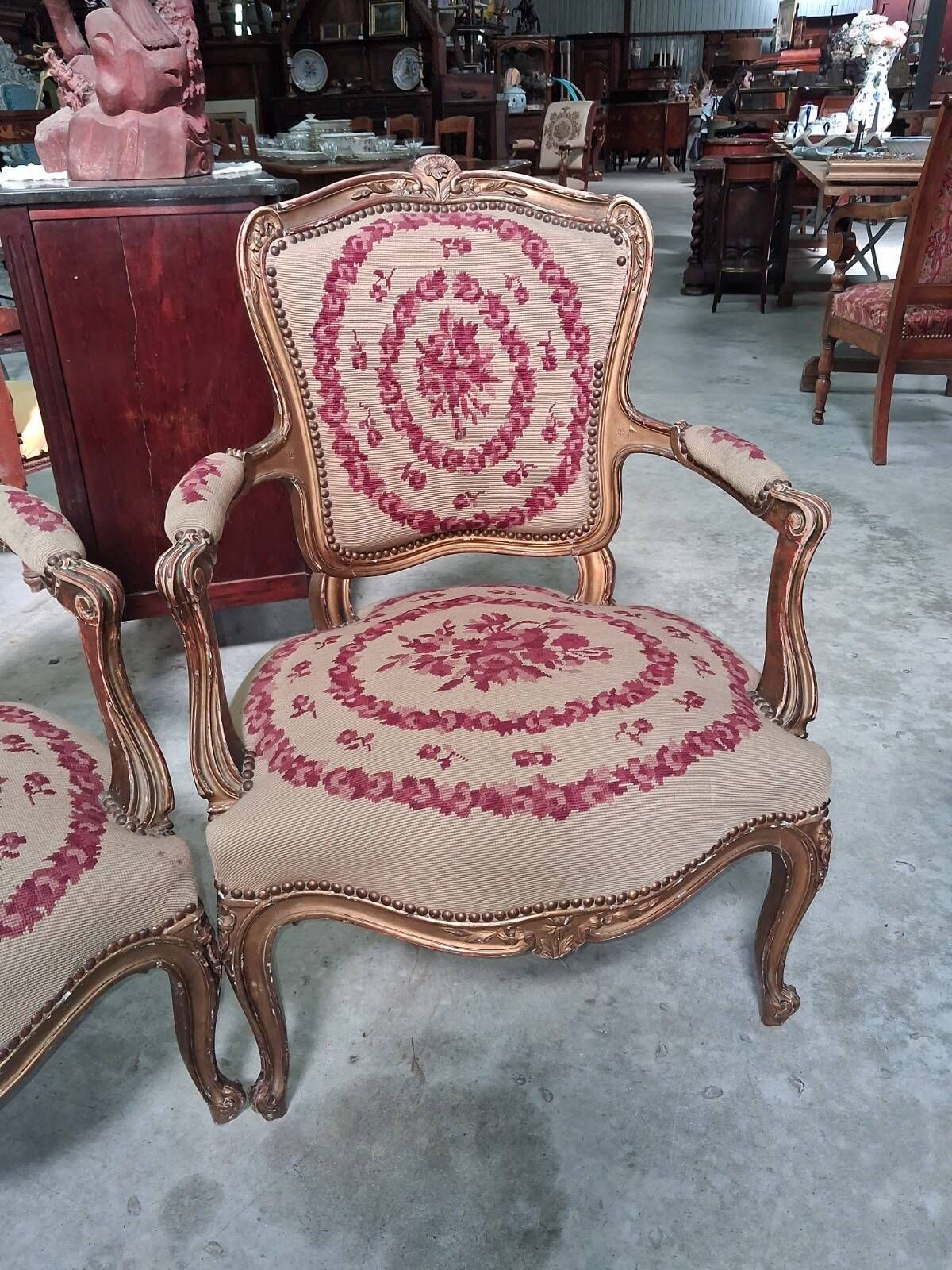 Pair of gold Louis XV style armchairs – Petit point upholstery