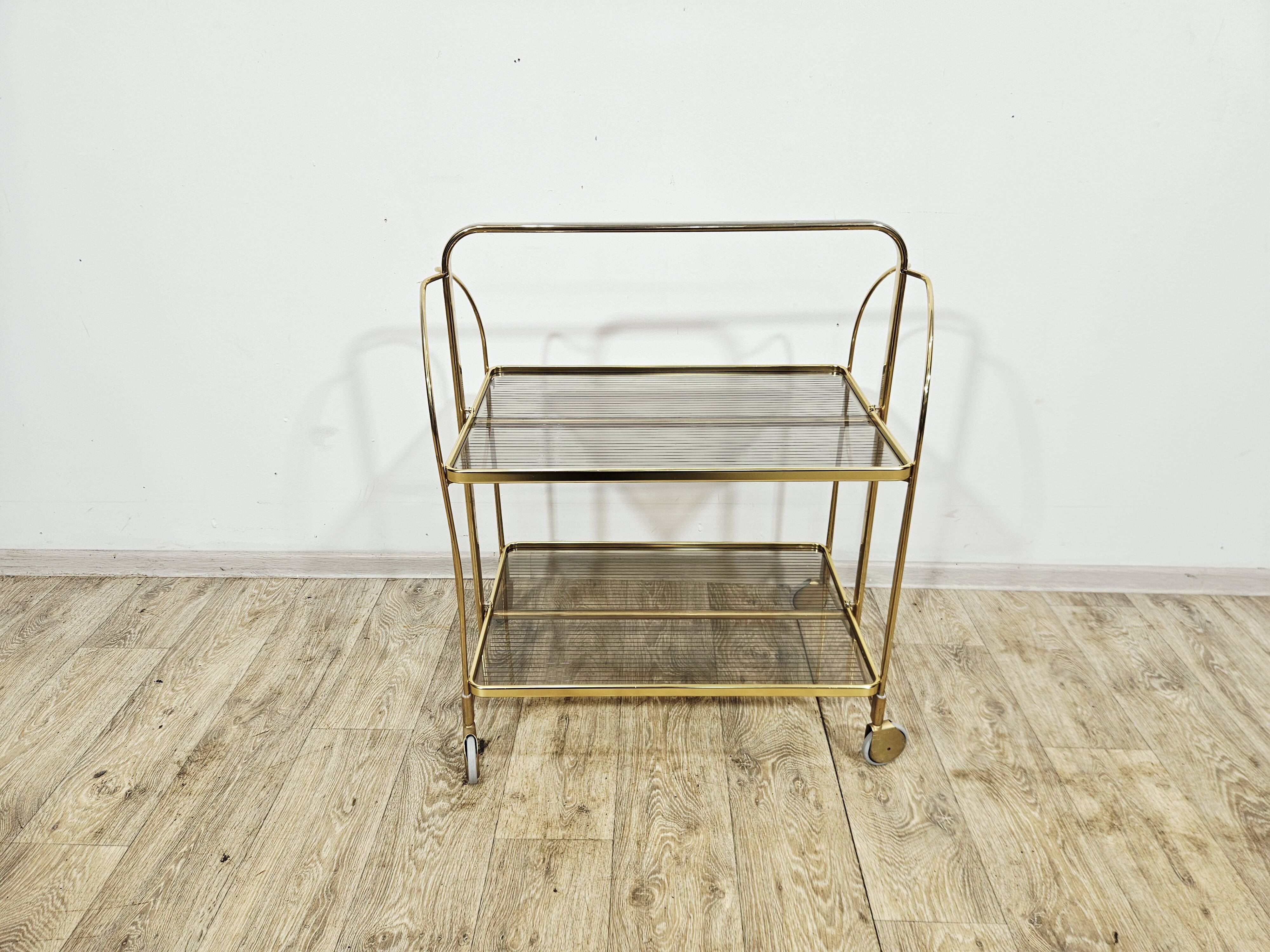 Mid-Century Folding Bar Cart – Brass and Ribbed Plexiglass – 1960s