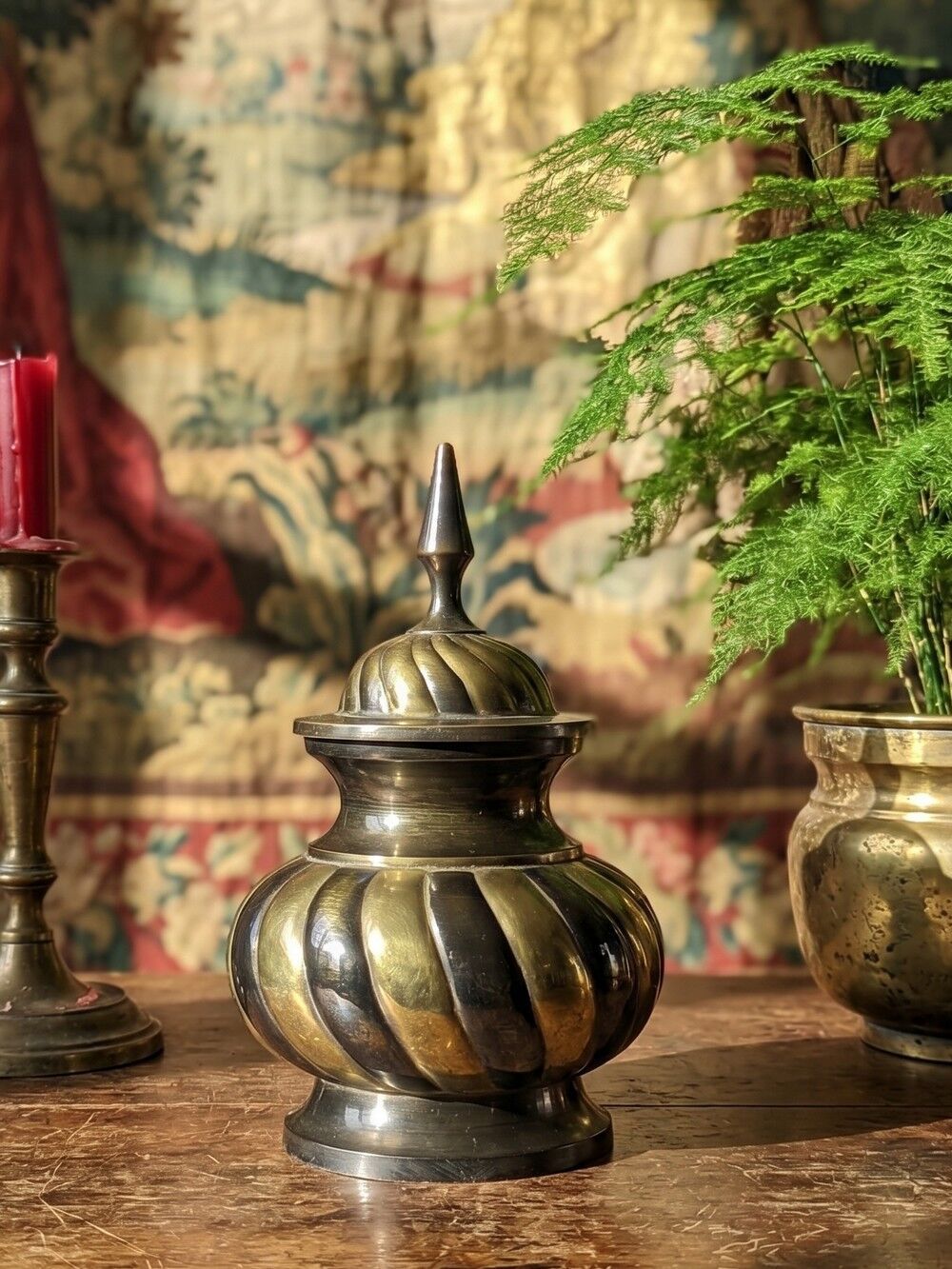 Twisted brass covered pot, vintage Indian craftsmanship from the 60s-80s.