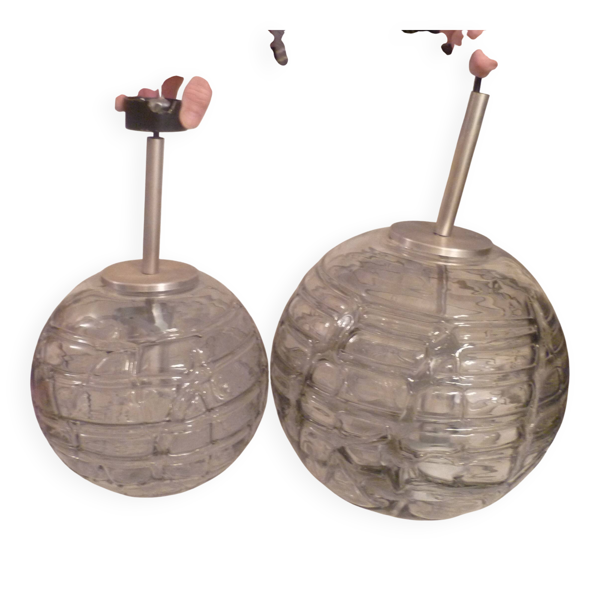 Set of 2 smoked glass ball suspensions by Doria Leuchten, Germany, 1970s.