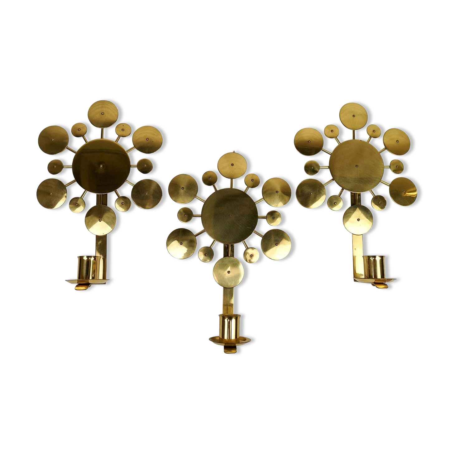 Set of 3 Wall Candle Holders in Brass "Sunburst" Holmström, Arvika, Sweden, 1960s