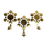 Set of 3 Wall Candle Holders in Brass "Sunburst" Holmström, Arvika, Sweden, 1960s