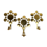Set of 3 Wall Candle Holders in Brass "Sunburst" Holmström, Arvika, Sweden, 1960s