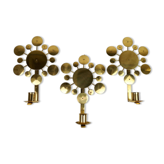 Set of 3 Wall Candle Holders in Brass "Sunburst" Holmström, Arvika, Sweden, 1960s