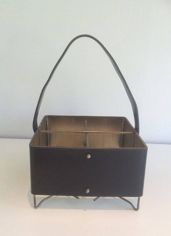 Leather, brass and gold metal bottle holder