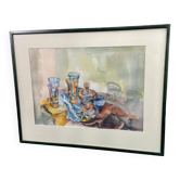 Watercolor painting Still Life with Glasses signed Guy Barbier