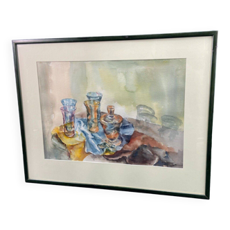 Watercolor painting Still Life with Glasses signed Guy Barbier