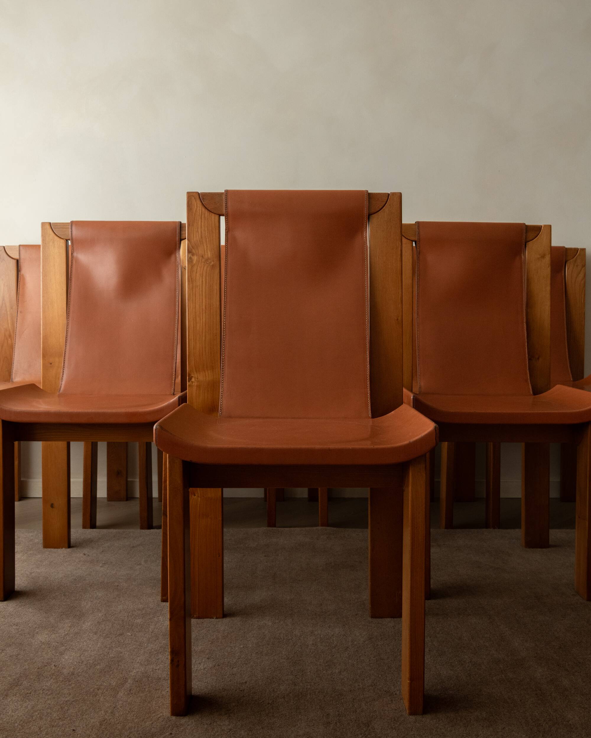 Wood Leather Dining Chairs Luigi Gorgoni Roche Bobois, 1970s, Set of 7