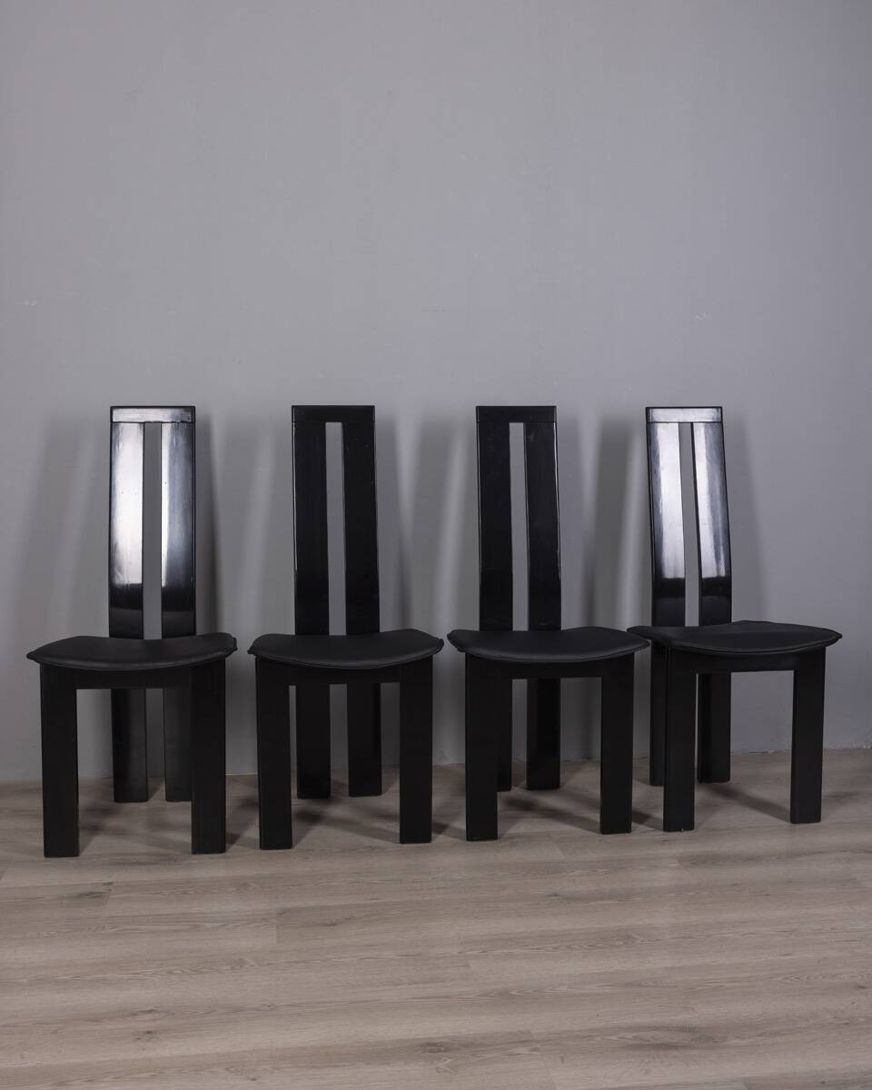 SET OF 4 VINTAGE 1970S WOOD AND LEATHER CHAIRS DESIGN P COSTANTINO FOR ELLO