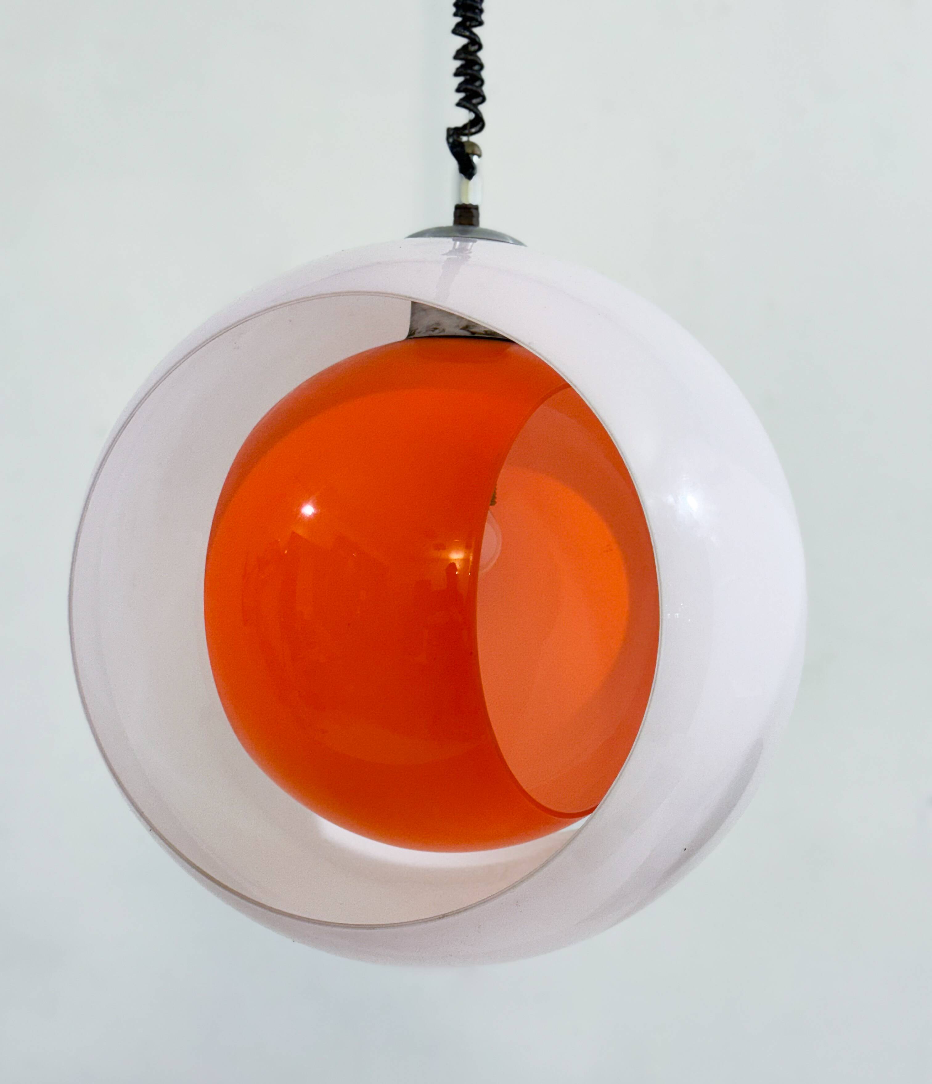 Mid-century Murano Glass White and Orange Suspension model "Eclisse" by Carlo Nason for Mazzega, Ita