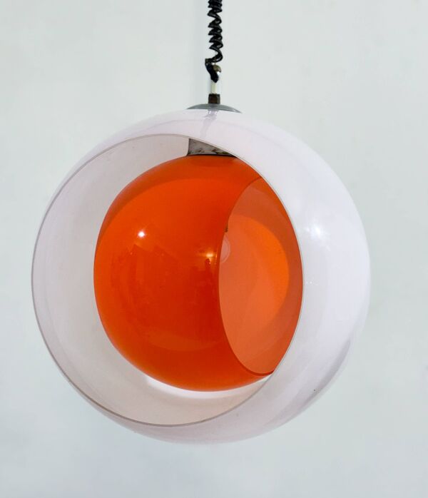Suspension ''Eclisse'' en verre de Murano blanc et orange du milieu du siècle, par Carlo Nason pour Mazzega, Ita