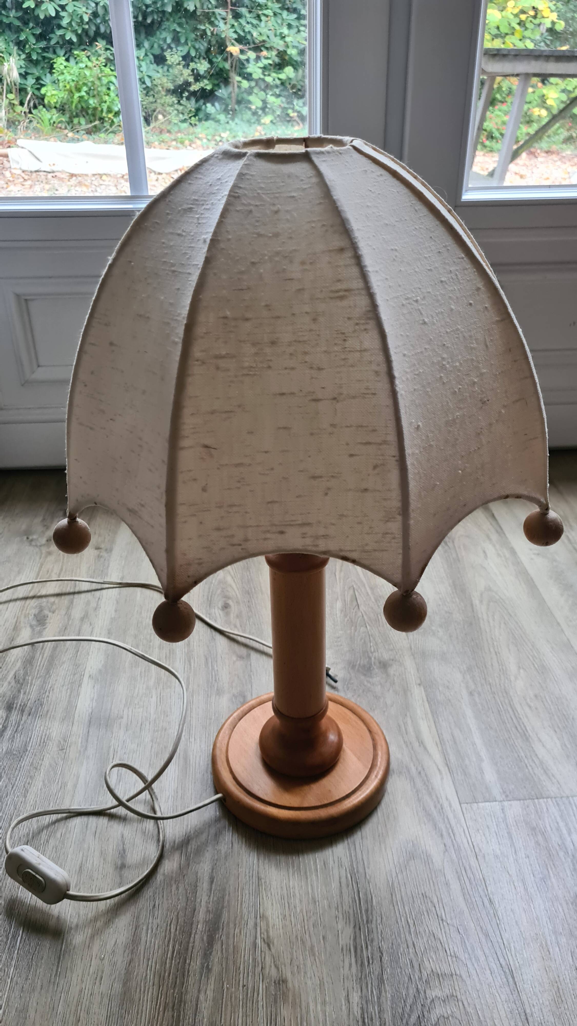 Umbrella lamp from the 70s in wood and fabric