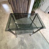 Vintage 1950s silver metal bar cart with wheels and two glass shelves