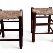 Charlotte Perriand Style, Pair of Rustic Wood and Straw Stools, France, c. 1950s