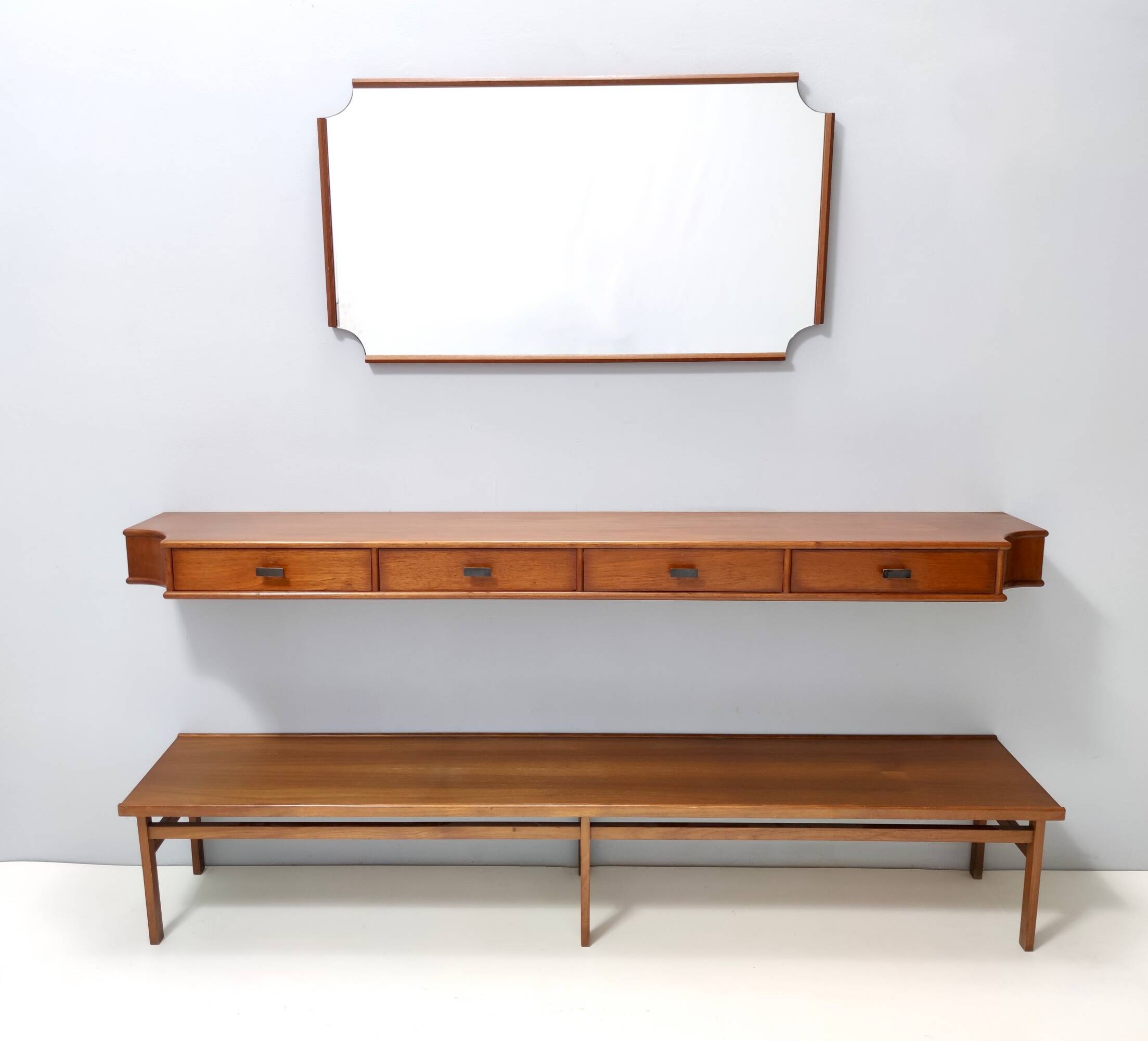 Entryway Set of Wall Mirror, Walnut Console and Bench by Brugnoli, Italy