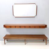 Entryway Set of Wall Mirror, Walnut Console and Bench by Brugnoli, Italy