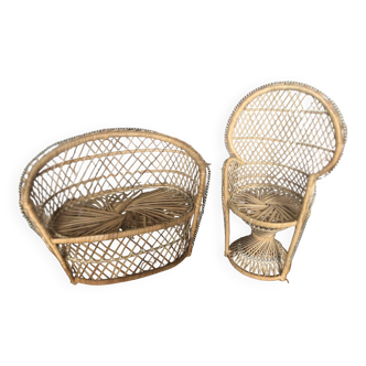 Lot of old sofa + armchair Emmanuelle style woven wicker vintage doll
