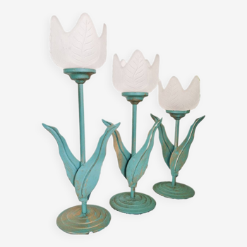 Trio of vintage tulip candlesticks in metal and frosted glass