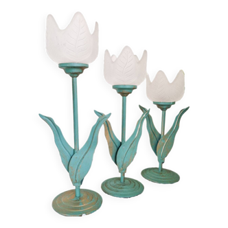 Trio of vintage tulip candlesticks in metal and frosted glass