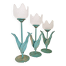 Trio de bougeoirs tulipes vintage métal et verre dépoli