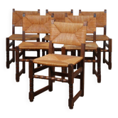 Set of 6 wooden straw chairs, French craftsmanship, 1950.