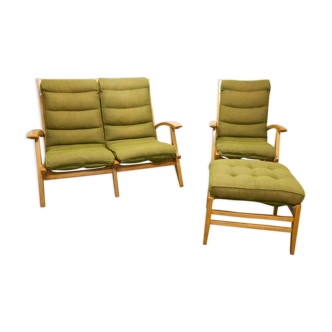 Ensemble Salon Free span 1954 canapé fauteuil et repose pieds vert