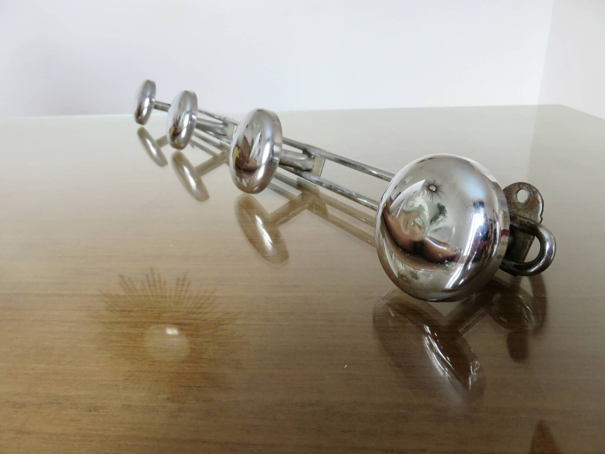 Chrome metal wall coat rack with 4 hooks, 57cm, 1970, vintage