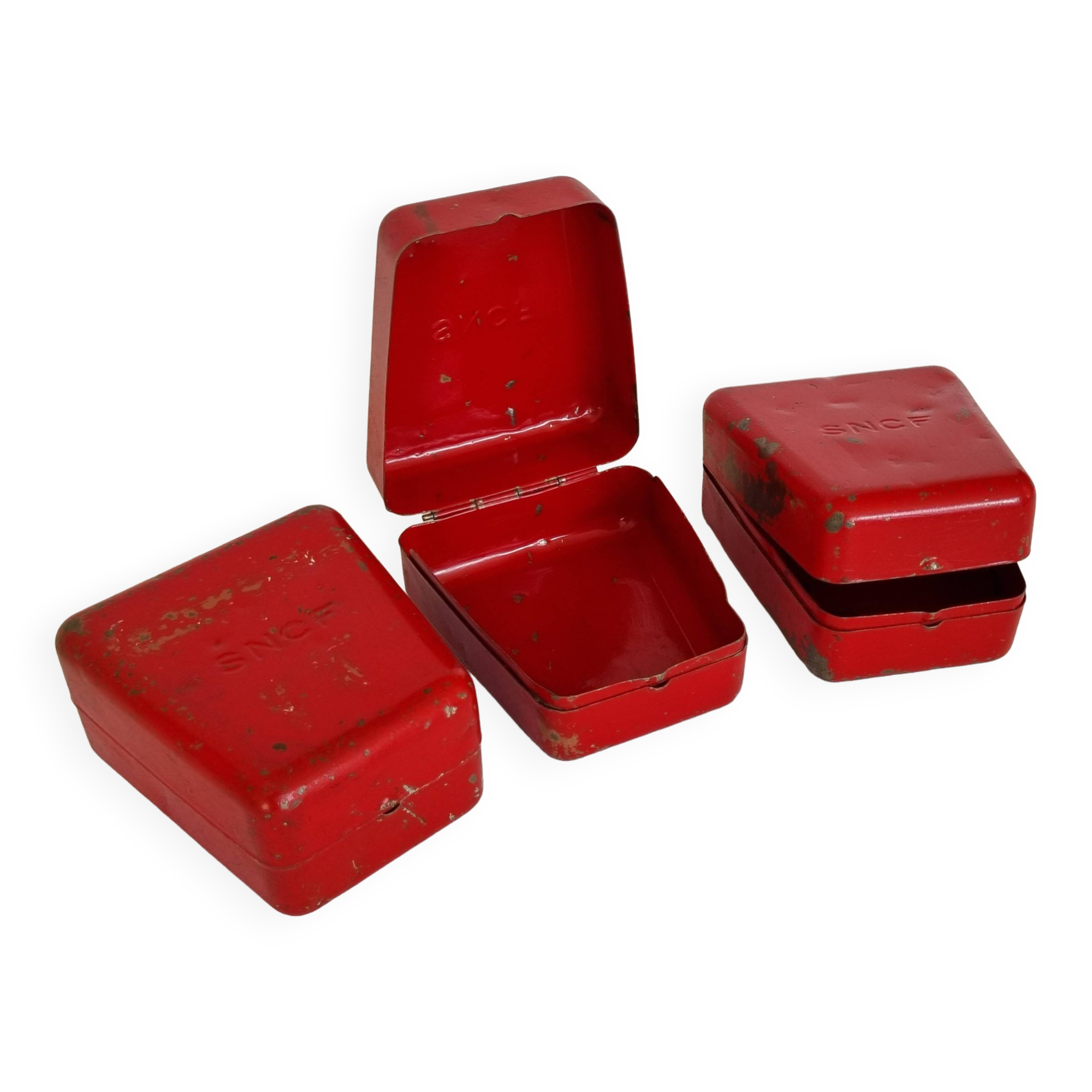 Set of three red painted metal railway boxes with SNCF logo