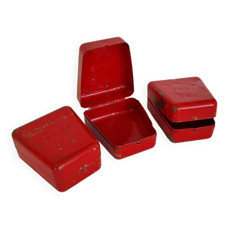 Set of three red painted metal railway boxes with SNCF logo