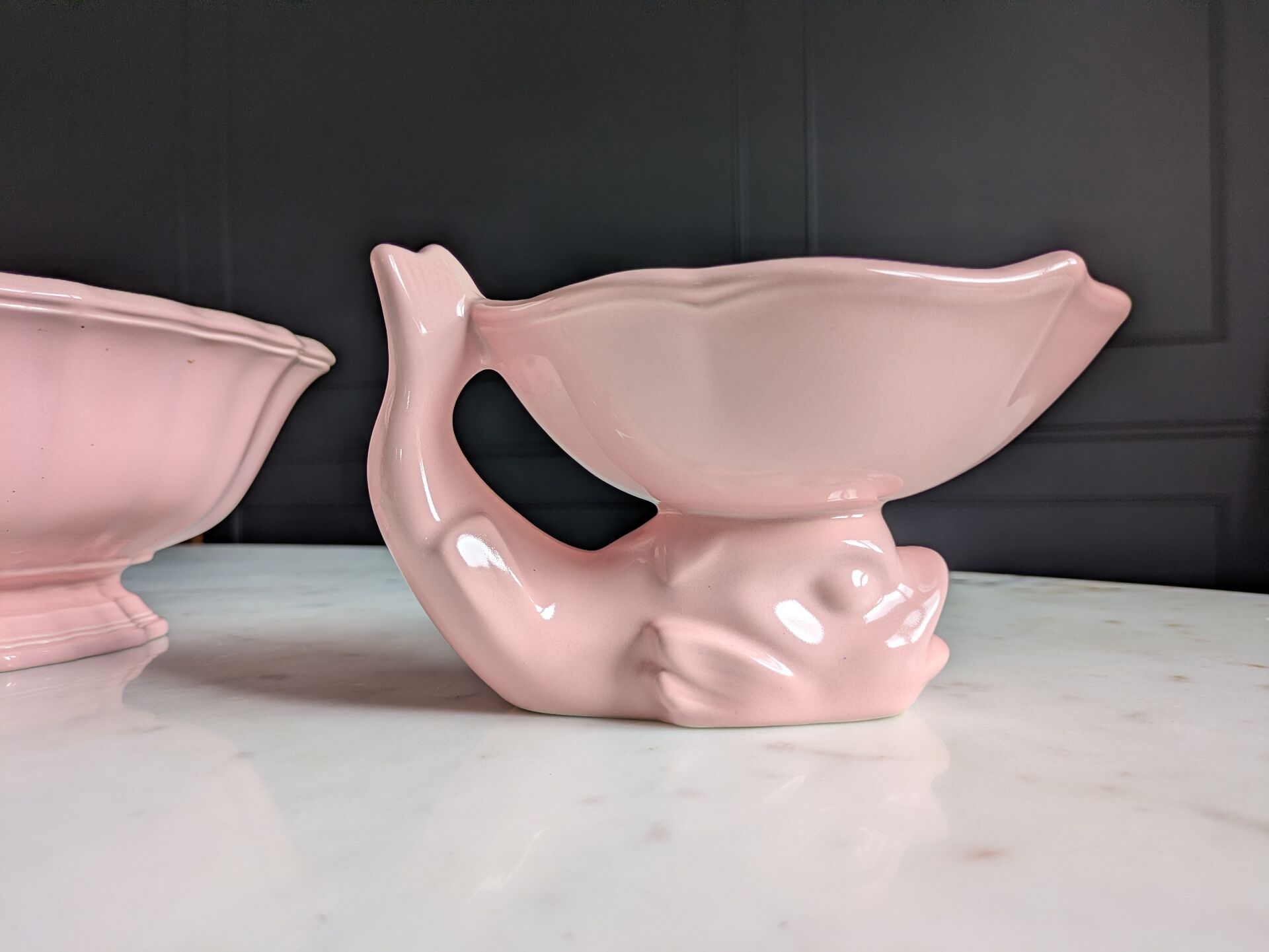 Vintage powder pink earthenware duo. Salins les Bains. 1950s.