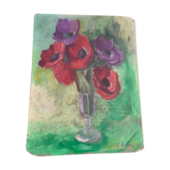 Painting, painting on canvas, still life, the poppy bouquet painted on vintag cardboard