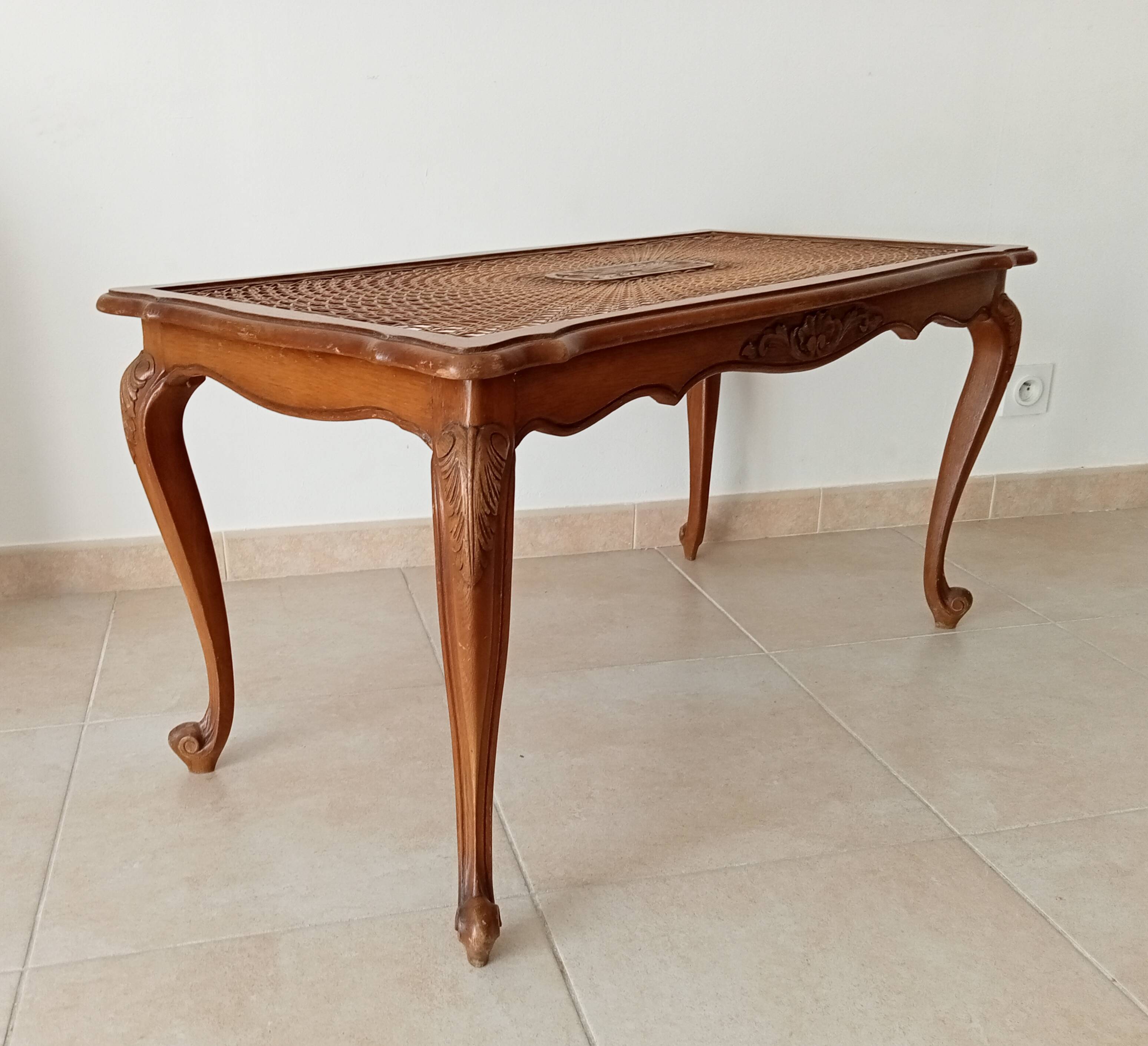 Vintage Chippendale coffee table in Louis XV style beech and rattan