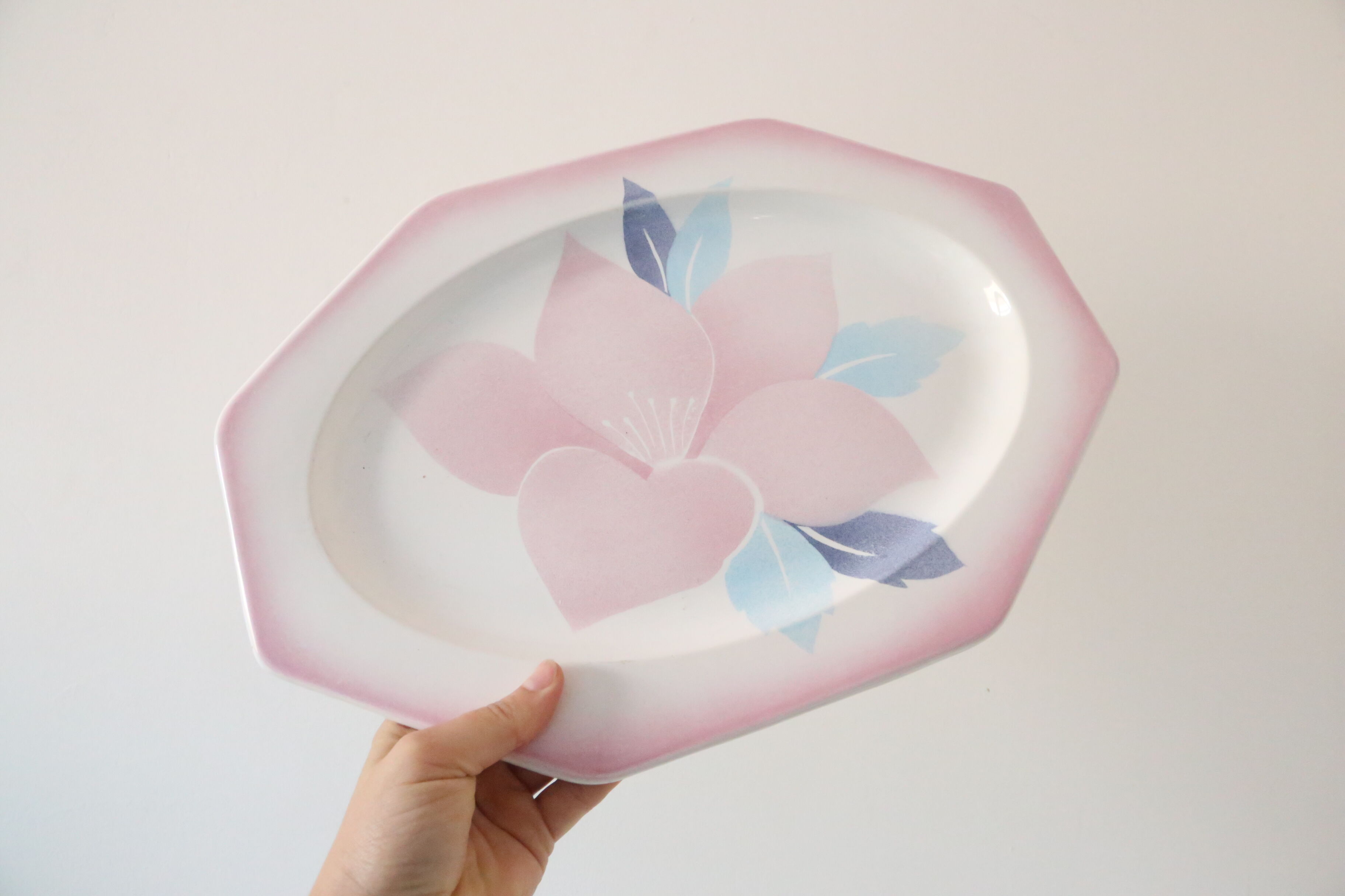 Octagonal dish Niderviller, Magnolia pattern, 1980, vintage