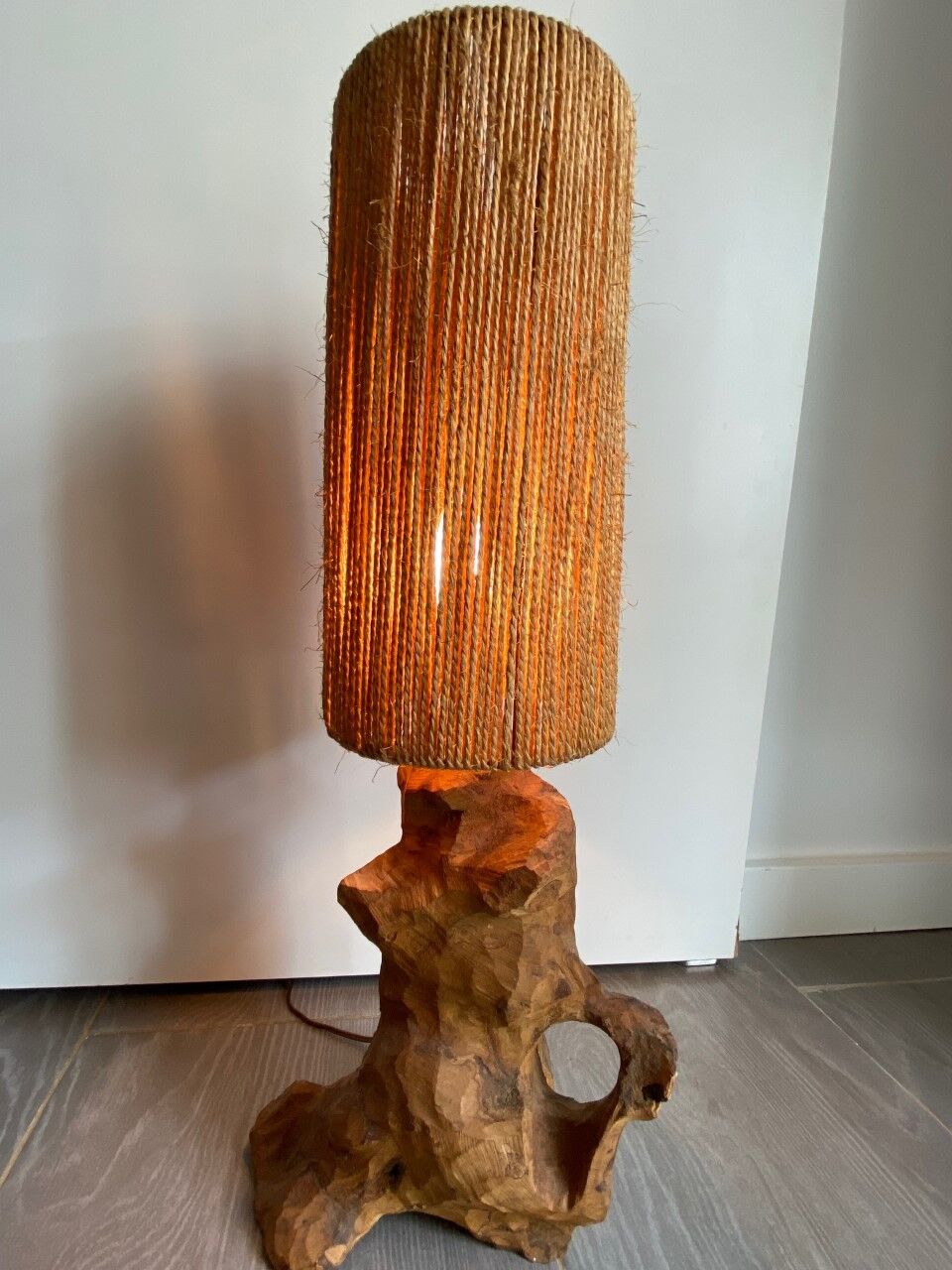 Brutalist style lamp, raw wood and rope