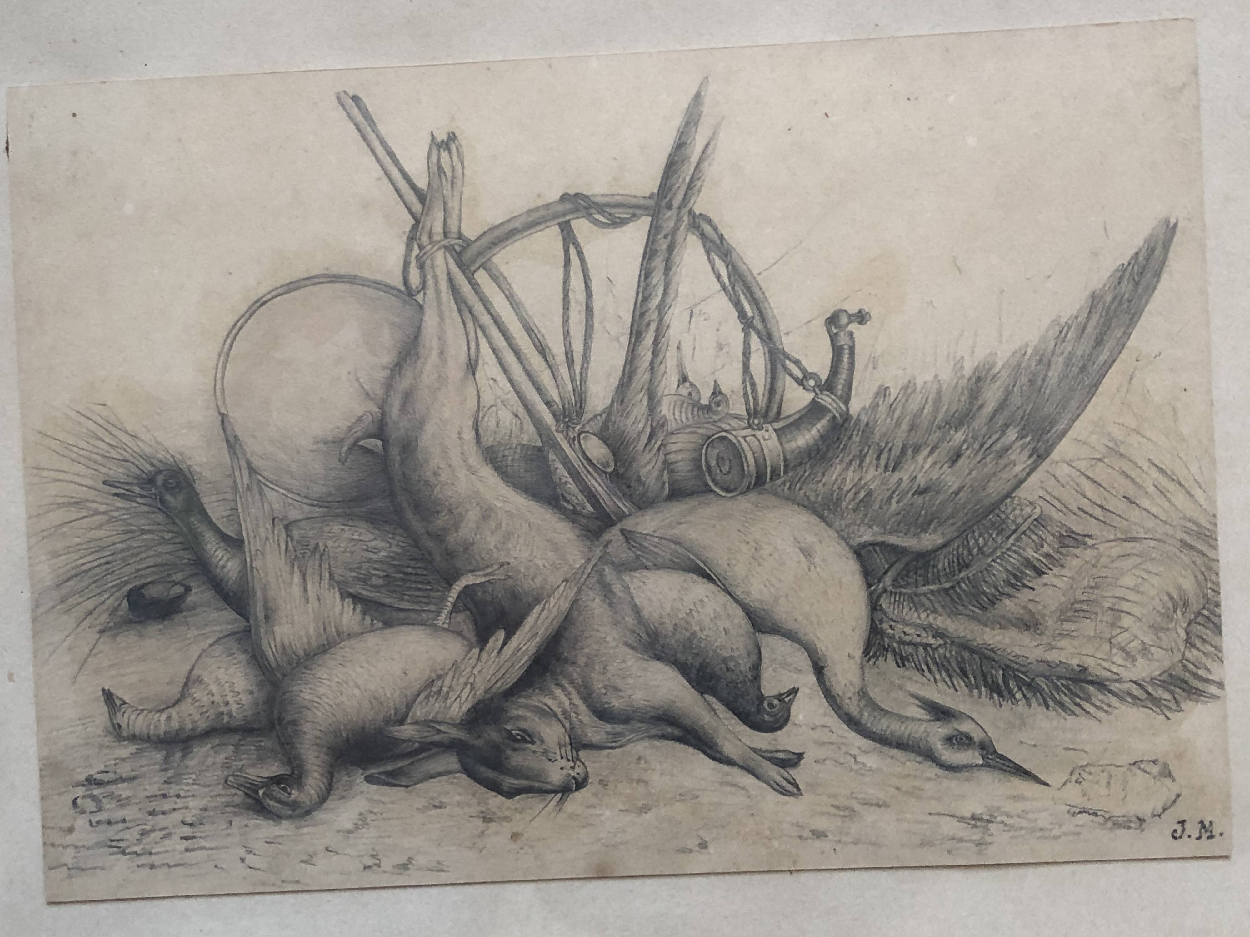 Drawing 1900 lead pencil still life hunting painting game trophy, signed jm, hunter