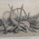 Drawing 1900 lead pencil still life hunting painting game trophy, signed jm, hunter