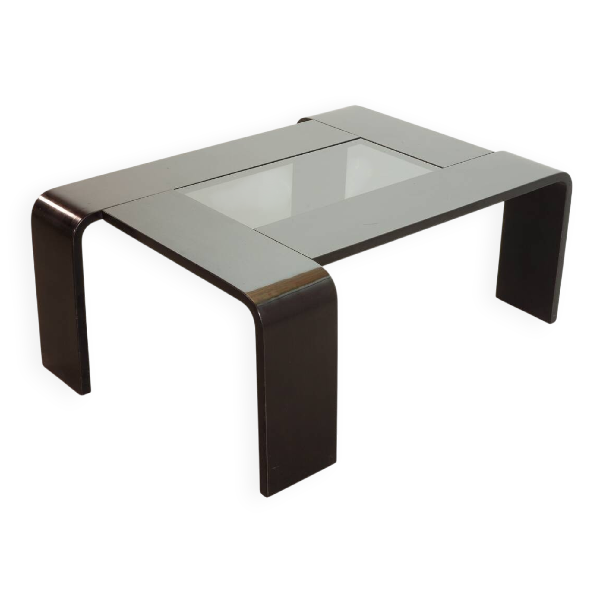 Rectangle Black Lacquered Plywood Coffee Table with Smoked Glass Panel 70s