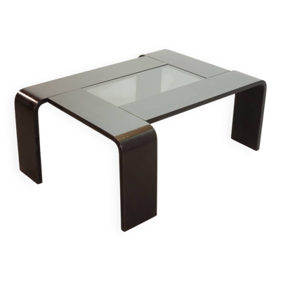 Table basse rectangulaire en contreplaqué laqué noir avec panneau en verre fumé, années 70
