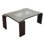 Rectangle Black Lacquered Plywood Coffee Table with Smoked Glass Panel 70s