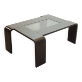 Rectangle Black Lacquered Plywood Coffee Table with Smoked Glass Panel 70s