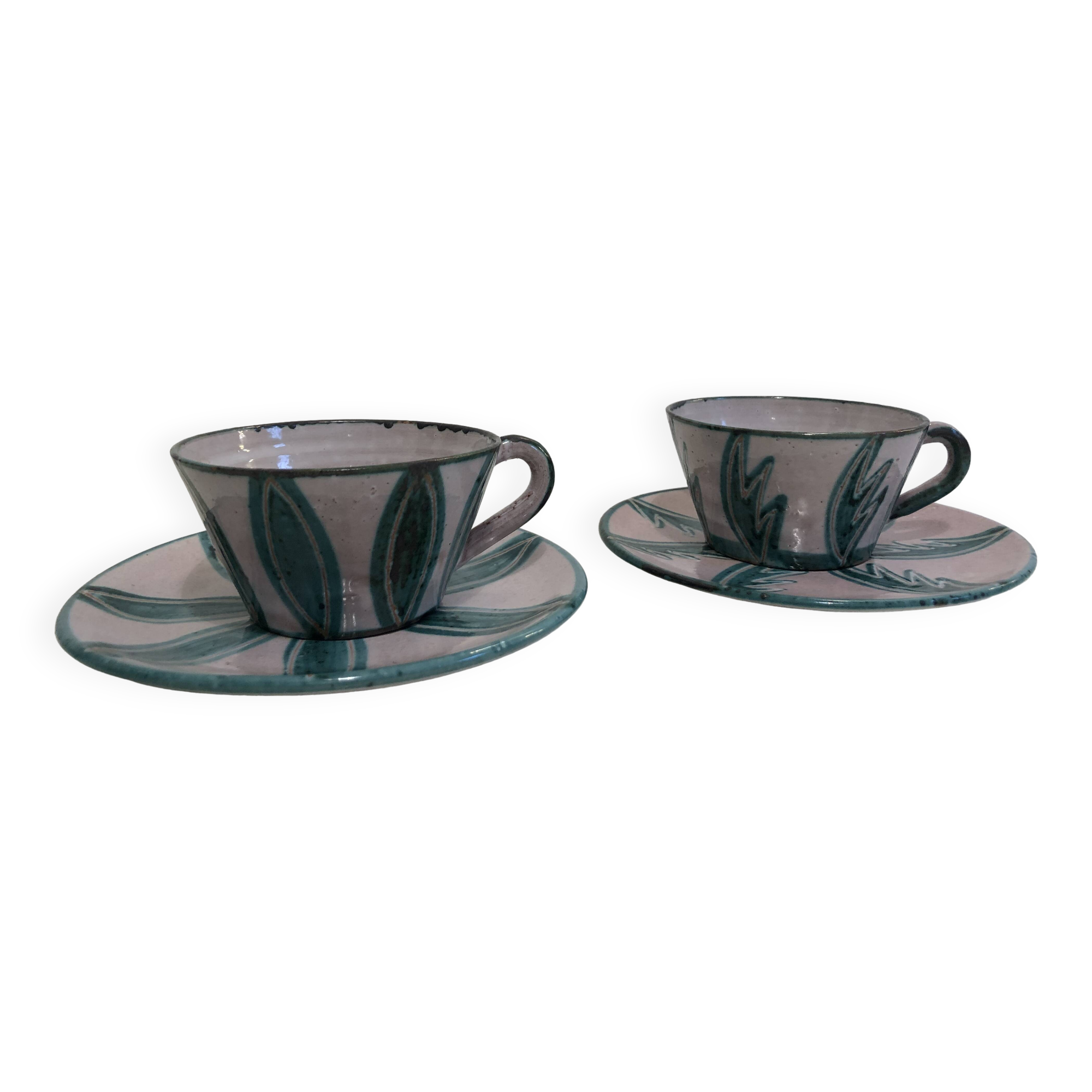 Two coffee or tea cups with their saucer Charles Voltz Vallauris 50s