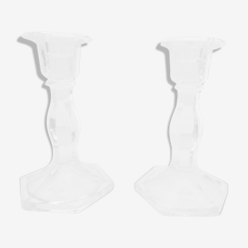 old pair of carved crystal candle holders, hexagonal foot
