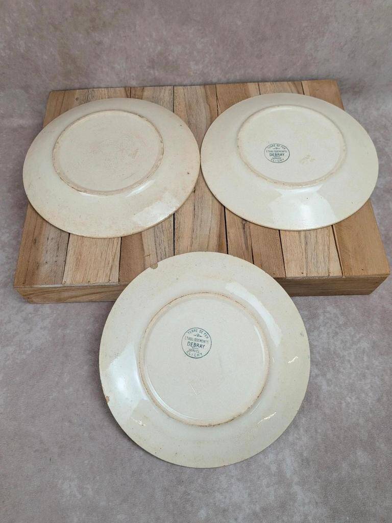 Set of 3 antique flat plates made of ironstone from the Debray Establishments, Clichy service.