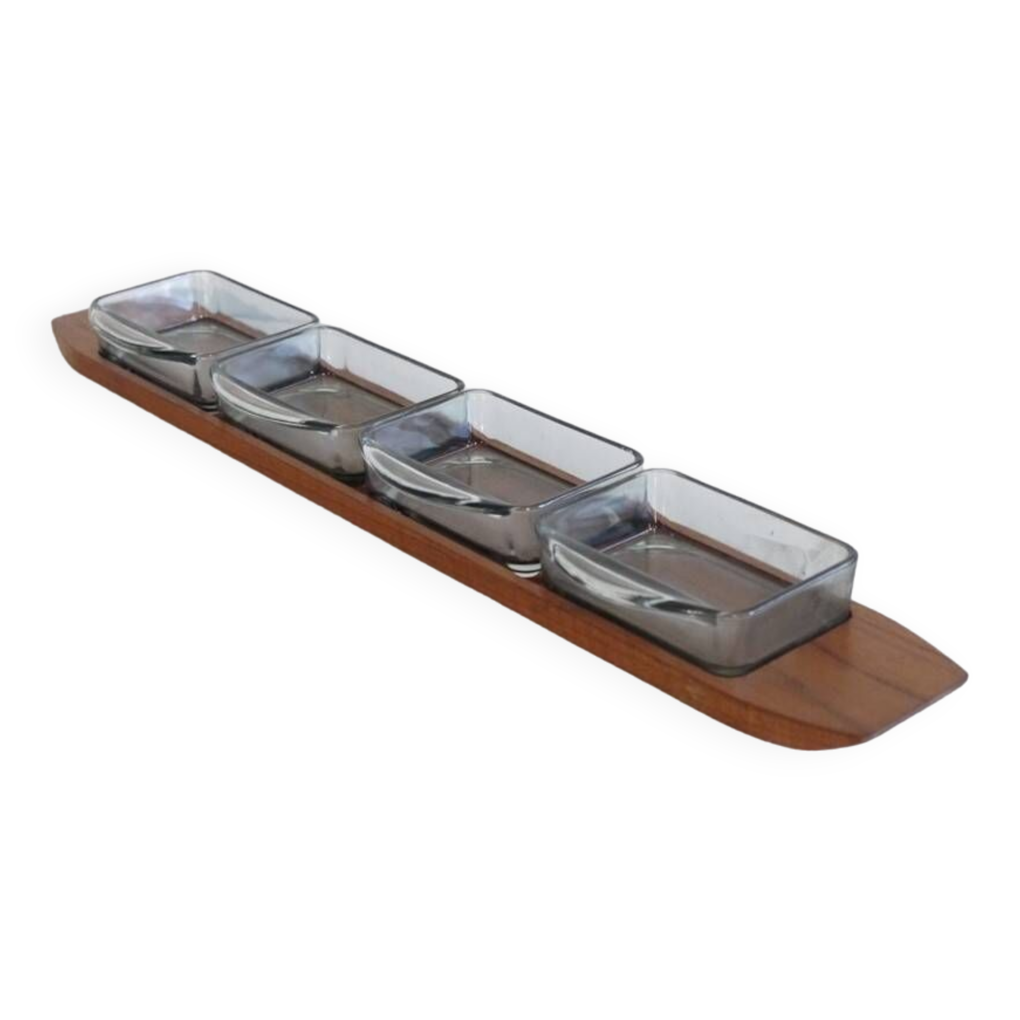 Scandinavian compartmentalized teak and glass tray