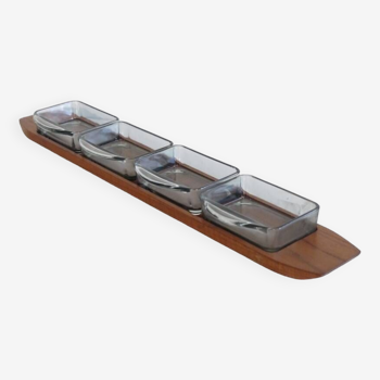 Scandinavian compartmentalized teak and glass tray