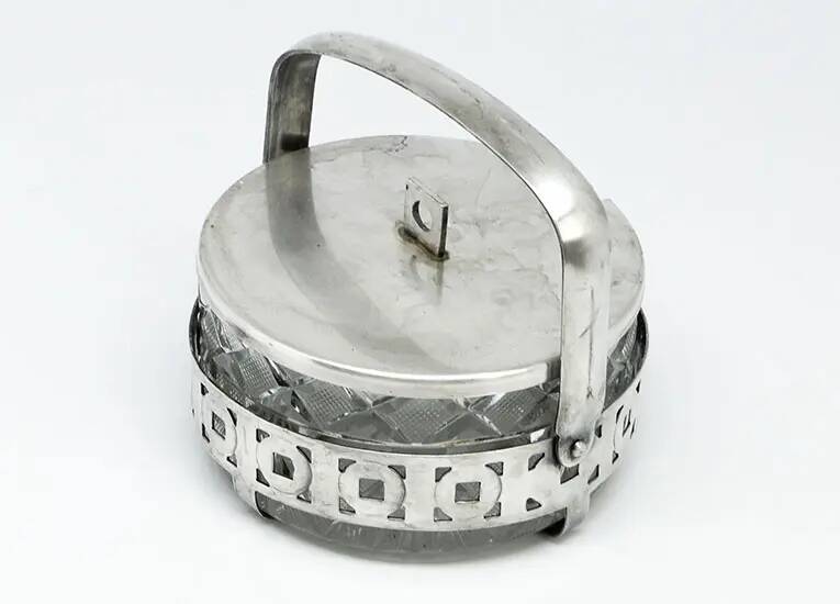 Sugar bowl, postmodernism, glass, silver-plated brass, Poland, 1970s
