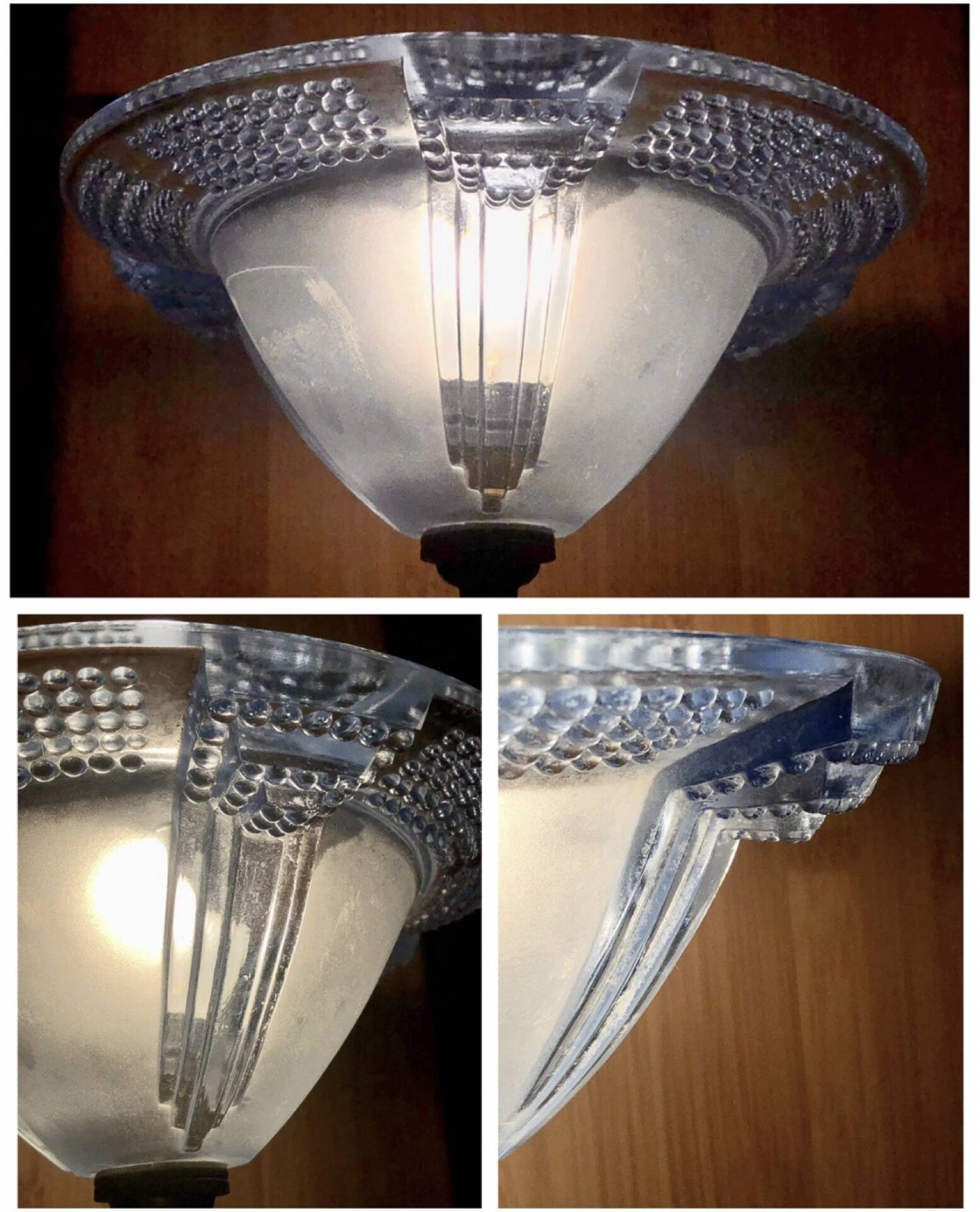 Antique Art Deco lamp from the 1930s, wrought iron with a blue basin in the Ezan style.